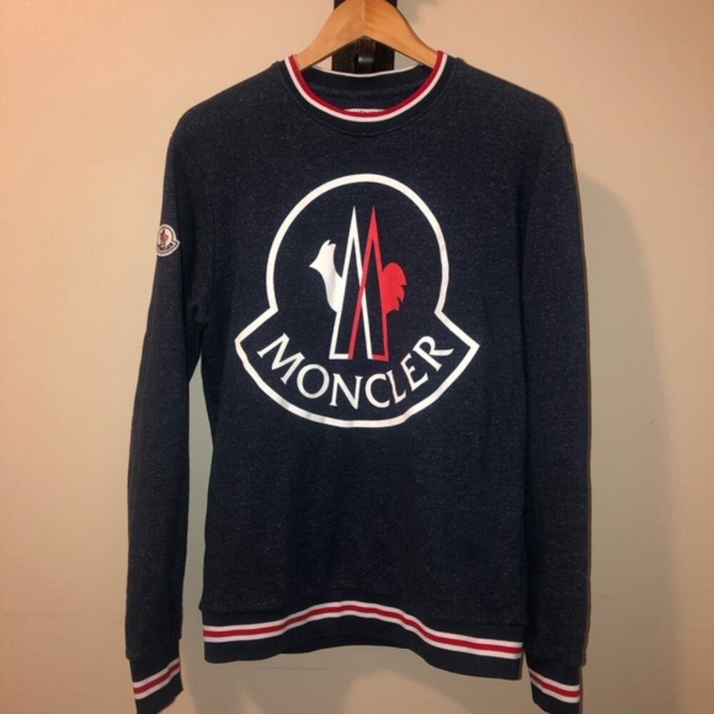Moncler Pull Over Crewneck Long Sleeve Sweatshirt,Size-XL,Colors-Red,White+Blue